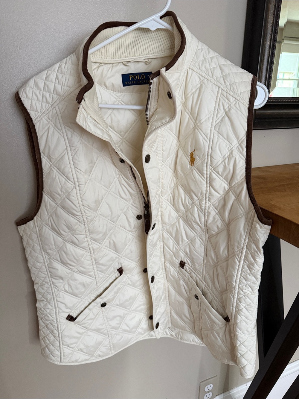 Polo by Ralph Lauren Quilted White Vest with Brown Trim
